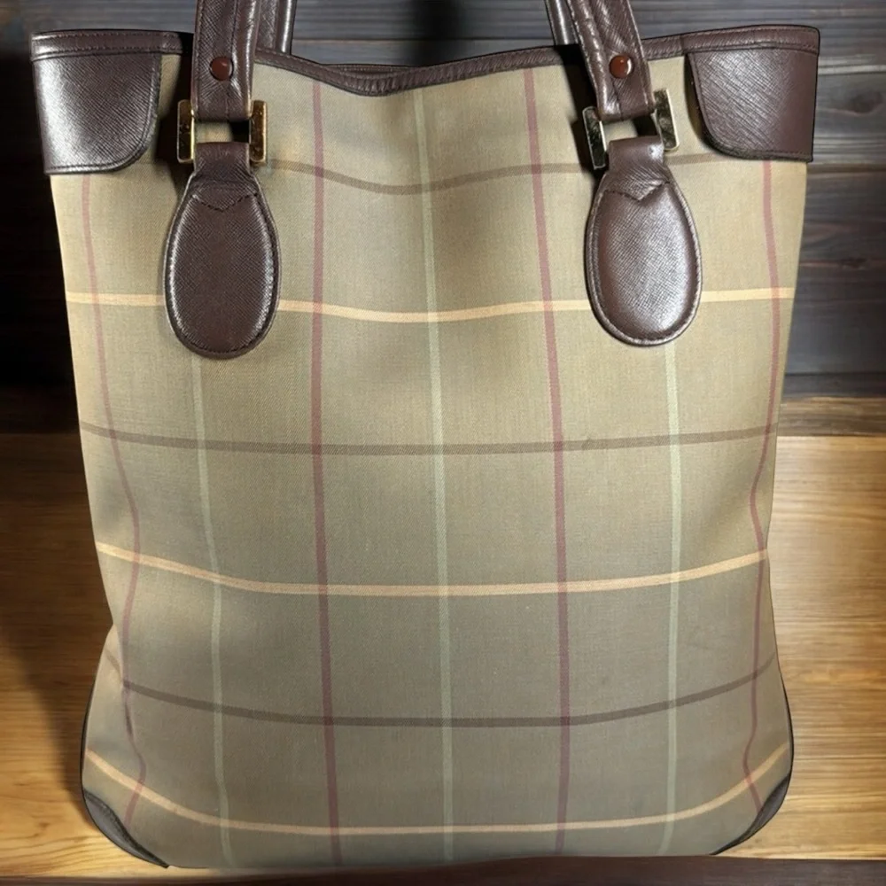 Burberrys Vintage Nova Check Leather Trimmed Large Tote with COA